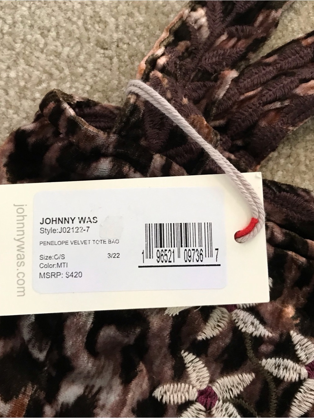 Johnny Was Boho Chic Penelope Velvet Tote Bag, NWT - Picture 5 of 7